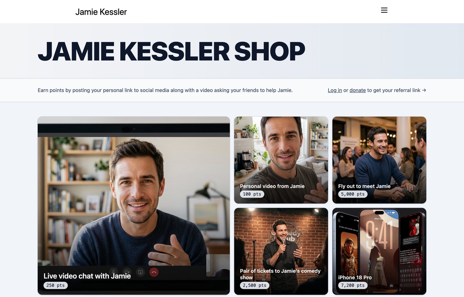 Jamie Kessler's shop, with a live video chat, a personal video, a trip to meet him and tickets to his show